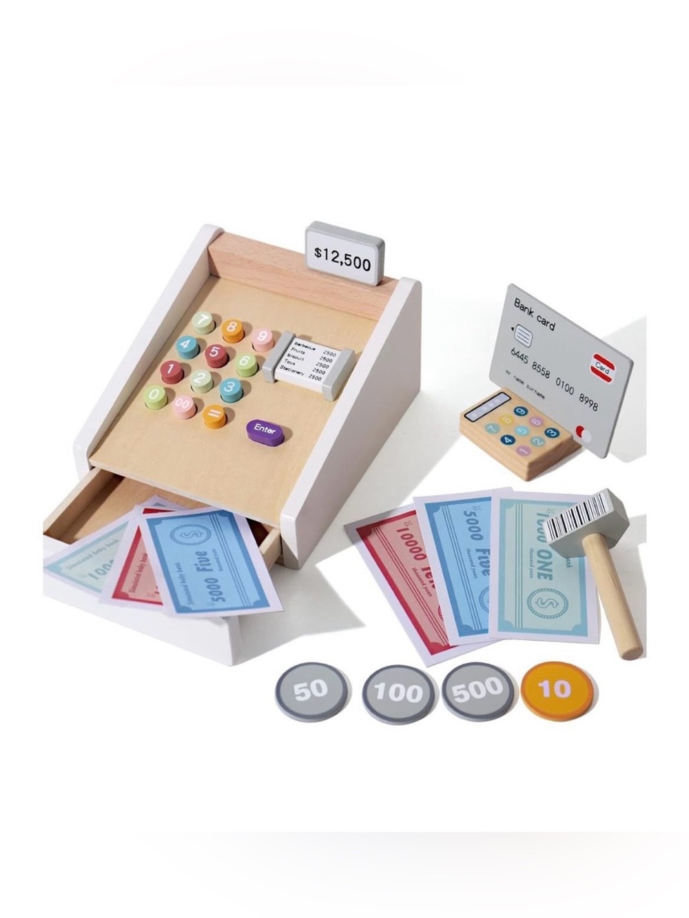 Cash Register Toys Pretend Play Calculator, Credit Card and Scanner Wooden Cash
